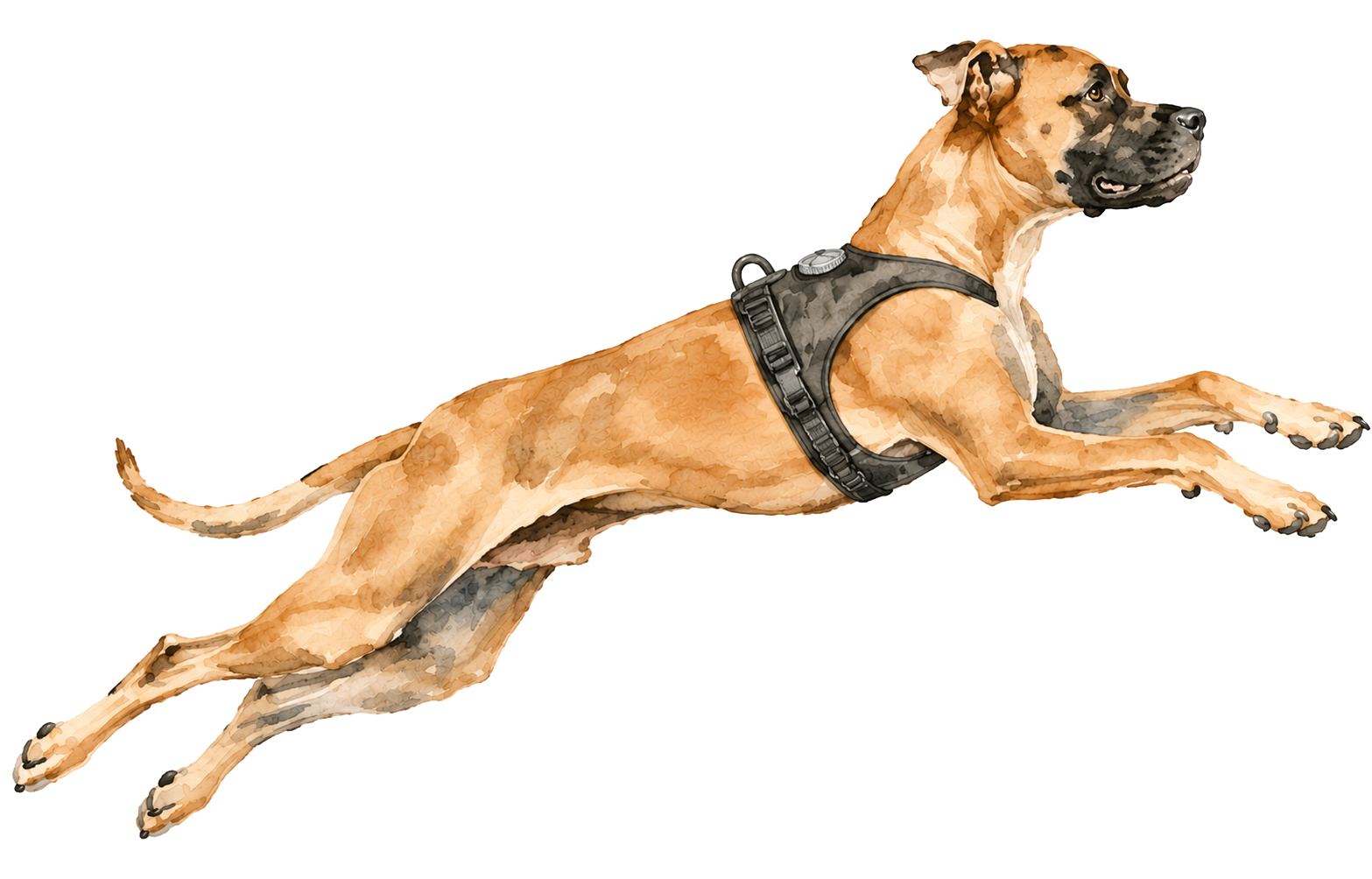 Dog running outdoors wearing the Boundless harness
